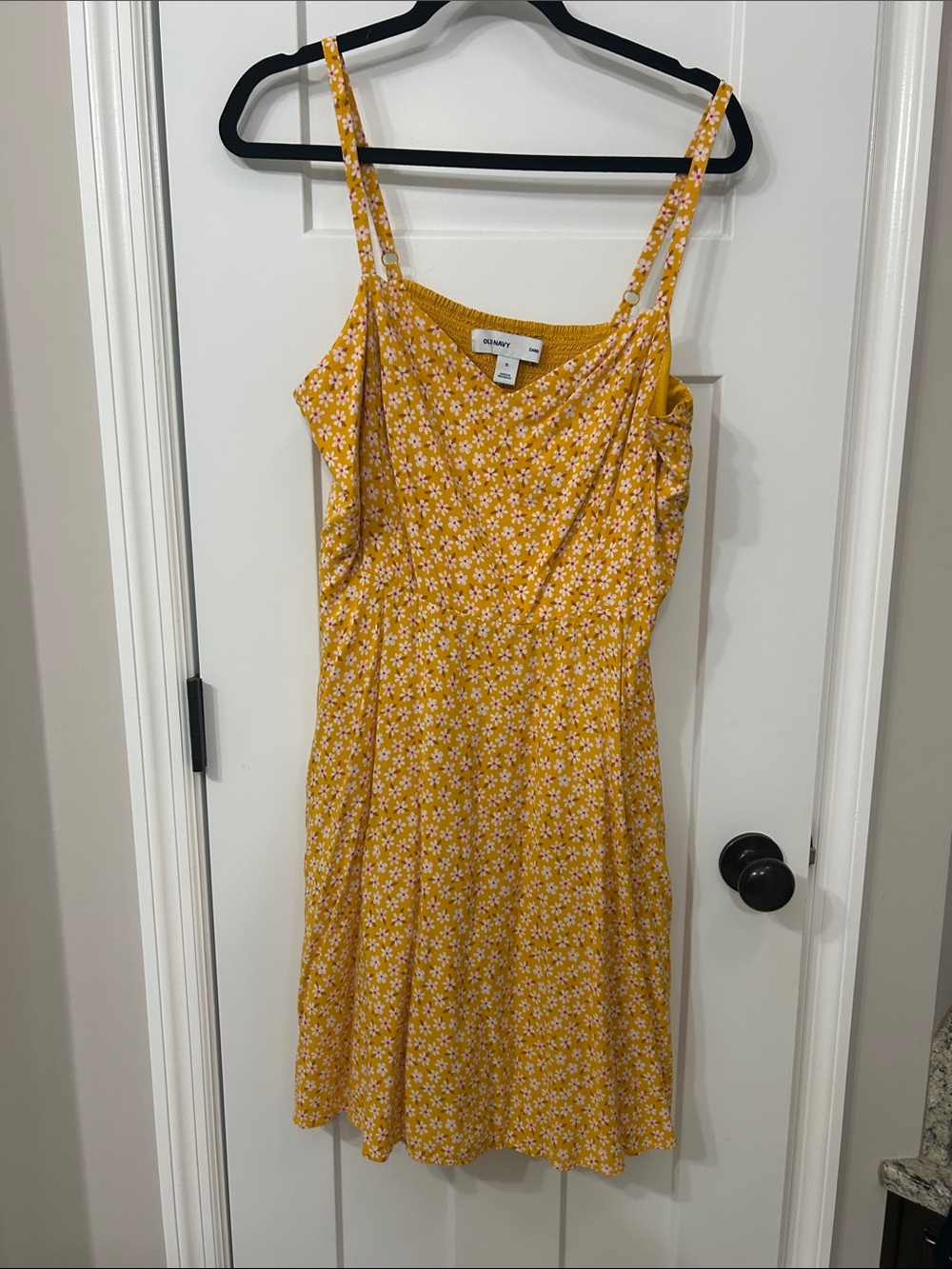 Old Navy Mustard Yellow Floral Mini Dress with Spaghetti Straps w Smocked Back